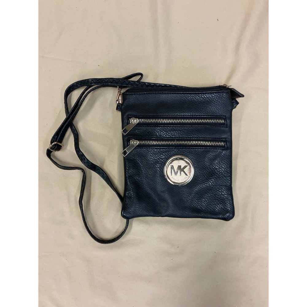 Michael Kors Black Pebbled Crossbody Bag Gold MK Logo Medallion Triple Zip